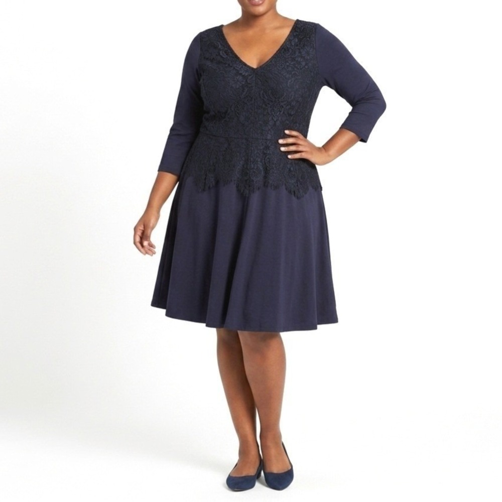 Lane Bryant Lace Bodice Dress 14 Navy Blue Fit Flare V Neck 3/4 Sleeve NWT $90